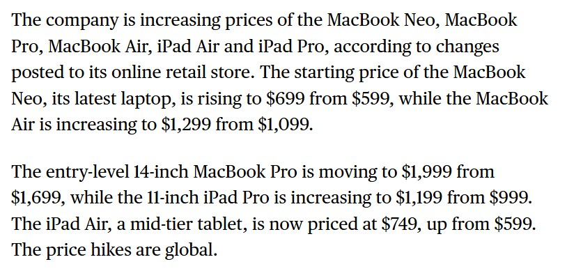 Apple incrementa los precios base de Mac y iPad hasta un 25% por el alza en los costos de los chips de memoria