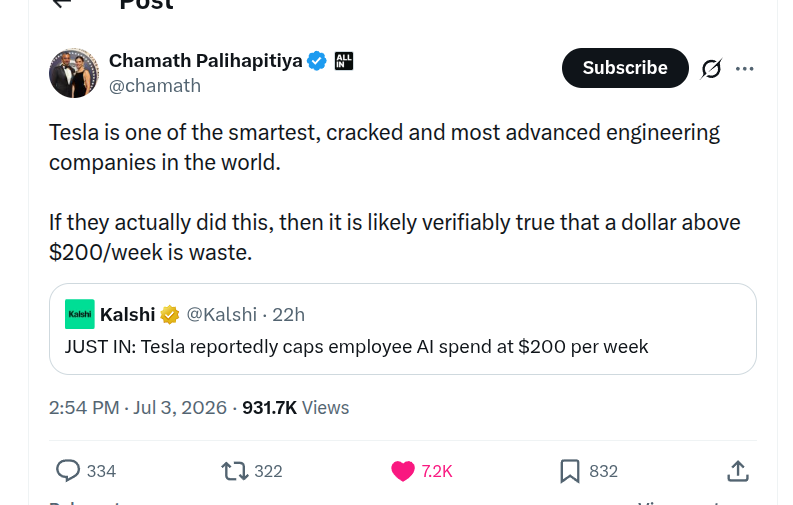 Chamath Palihapitiya: el límite de 200 dólares semanales en IA de Tesla demuestra que gastos mayores son un derroche
