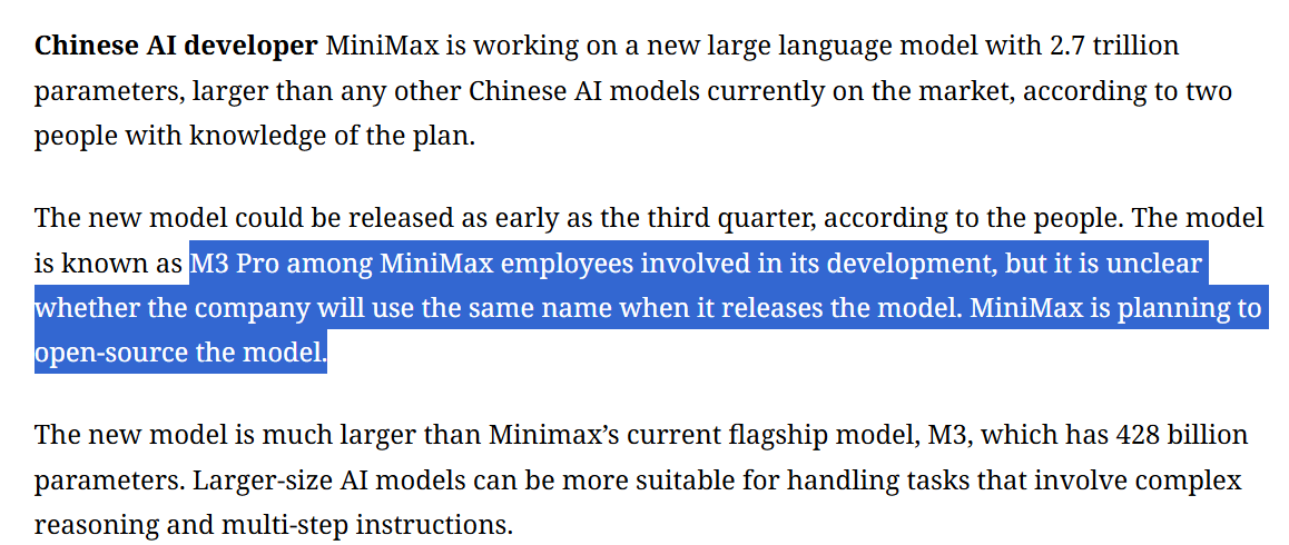 MiniMax, startup china de IA, lanzará el modelo de código abierto M3 Pro de 2.7 billones de parámetros