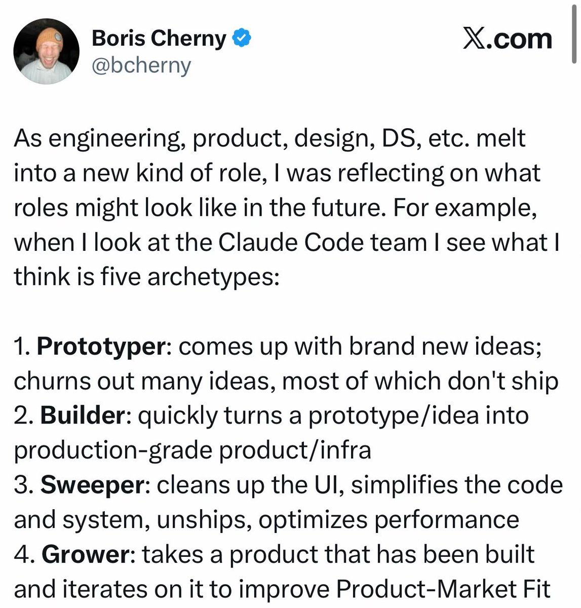 El creador de Claude Code, Boris Cherny, asegura que cinco arquetipos de ejecución están reemplazando los roles tradicionales de ingeniería y producto