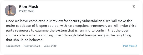 Elon Musk anuncia que X abrirá todo el código fuente tras una auditoría de seguridad