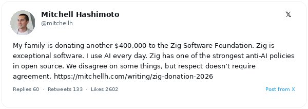 Mitchell Hashimoto dona $400,000 a la Zig Software Foundation pese a su estricta política anti-IA