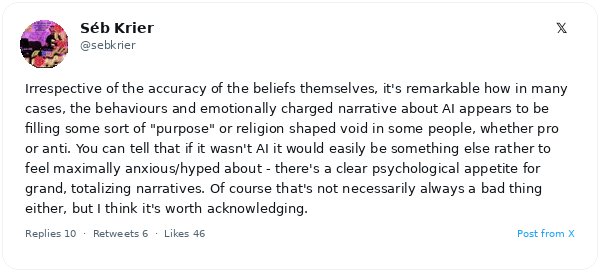 Séb Krier (Google DeepMind) sostiene que las narrativas polarizadas sobre IA llenan un vacío existencial o religioso