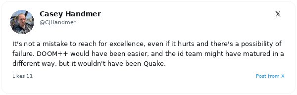 John Carmack sostiene que id Software debería haber mejorado el motor de Doom en lugar de reescribir la tecnología durante el desarrollo de Quake