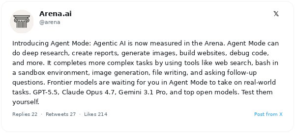 Arena lanza modo agente para evaluar GPT-5.5, Claude Opus 4.7 y Gemini 3.1 Pro en tareas de múltiples pasos