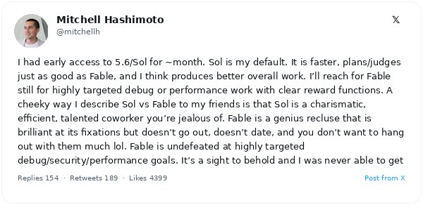 Mitchell Hashimoto elige Sol 5.6 como su agente de IA para programación por defecto, relegando a Fable a tareas de depuración