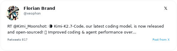 Moonshot AI libera el código de Kimi-K2.7-Code: reduce los tokens de razonamiento en un 30% y mejora la puntuación en Kimi Code Bench un 21,8%