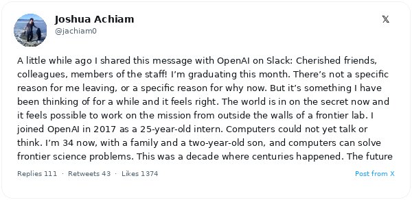 Joshua Achiam, futurista jefe de OpenAI, abandona la compañía tras siete años