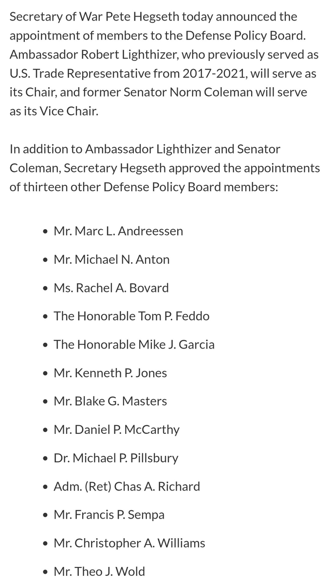 El Secretario de Guerra Pete Hegseth nombra a Marc Andreessen y Blake Masters para la nueva Junta de Política de Defensa