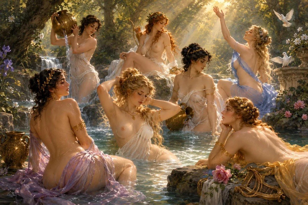 Un usuario de Reddit genera con IA a siete diosas griegas bañándose al estilo de Bouguereau