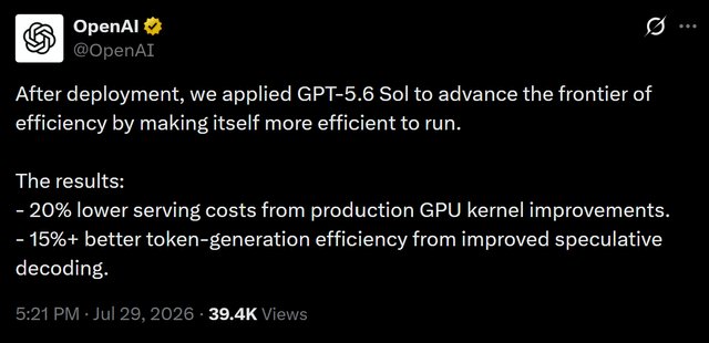 OpenAI publica detalles sobre GPT-5.6 Sol: un modelo que optimiza su propia inferencia