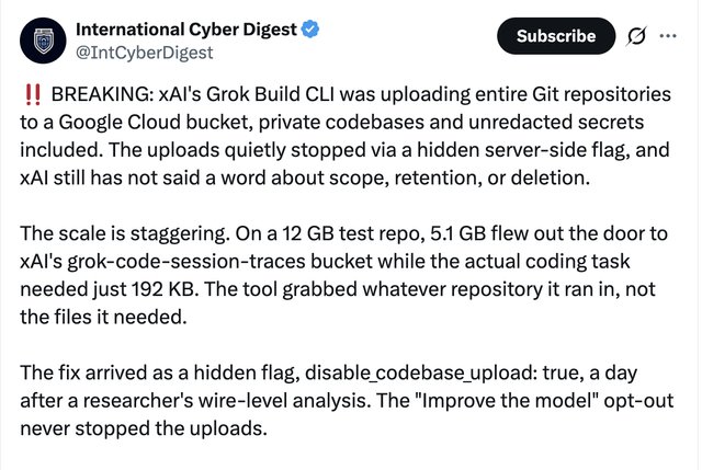 La CLI de Grok subió silenciosamente datos de usuarios a Google Cloud