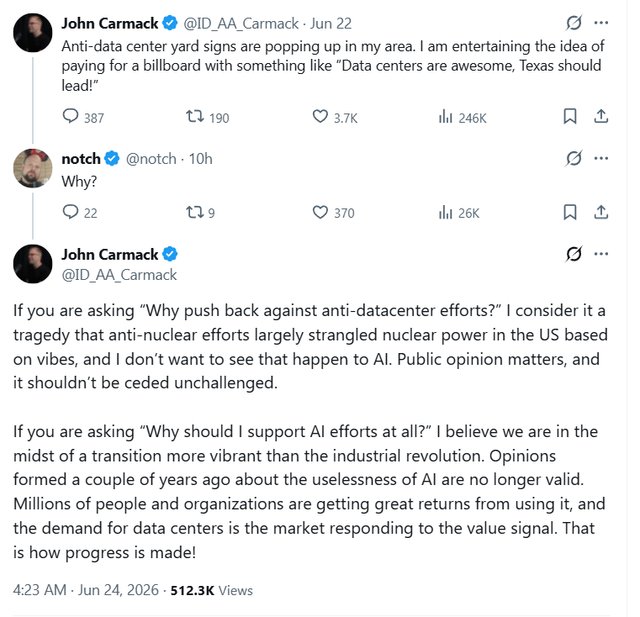 John Carmack opina sobre centros de datos y la comunidad debate sobre astroturfing