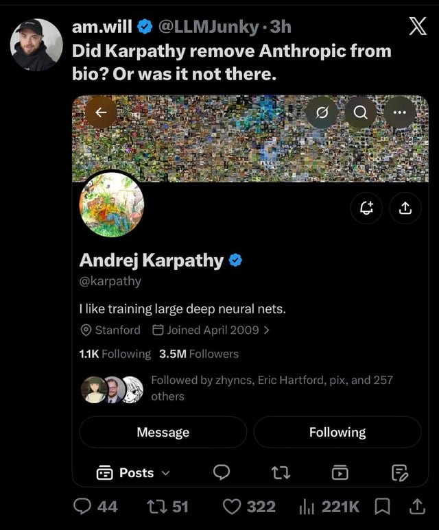 Andrej Karpathy habría dejado Anthropic tras eliminar su cargo de su biografía en X
