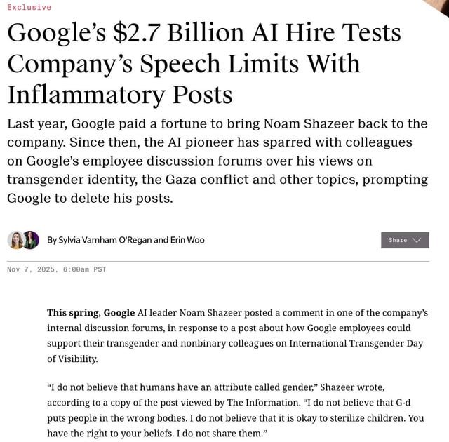 ¿La verdadera razón del salto de Noam Shazeer de Google a OpenAI? Acusaciones de censura de comentarios polémicos
