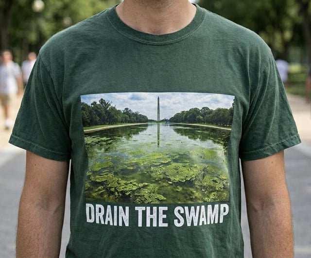 DALL-E 3 genera una camiseta satírica con el lema 'Make America Swampy Again' tras noticia de la piscina reflectante